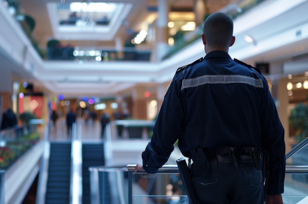 Ein Wachmann hält in einem Einkaufszentrum Wache, immer wachsam in einem öffentlichen Raum.