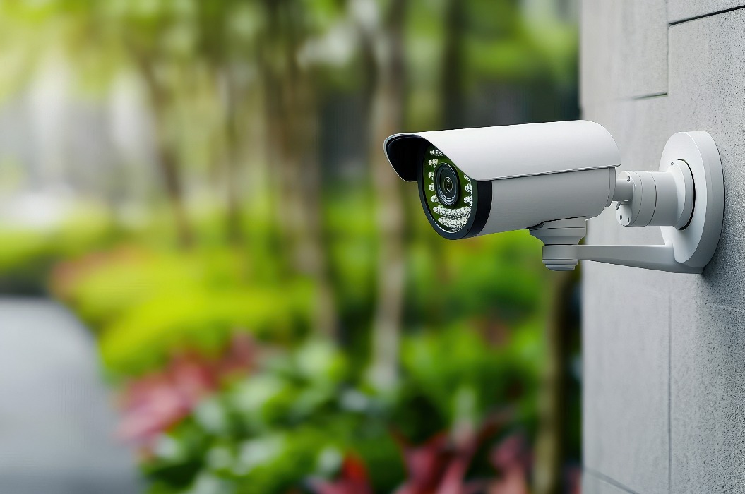 Eine an der Wand montierte Überwachungskamera blickt auf einen üppigen Gartenweg und verbindet so Technik mit Natur.