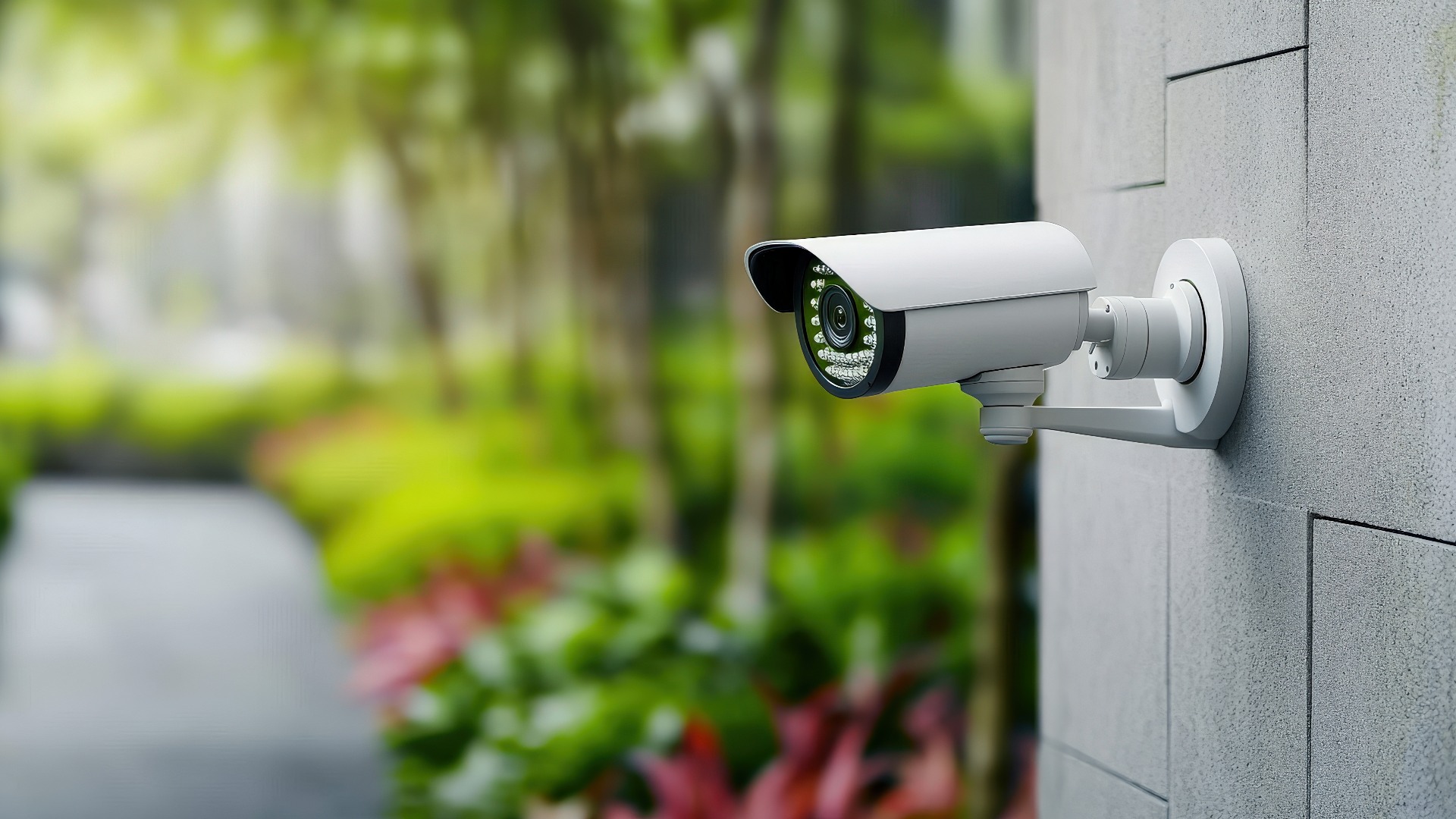 Eine an der Wand montierte Überwachungskamera blickt auf einen üppigen Gartenweg und verbindet so Technik mit Natur.