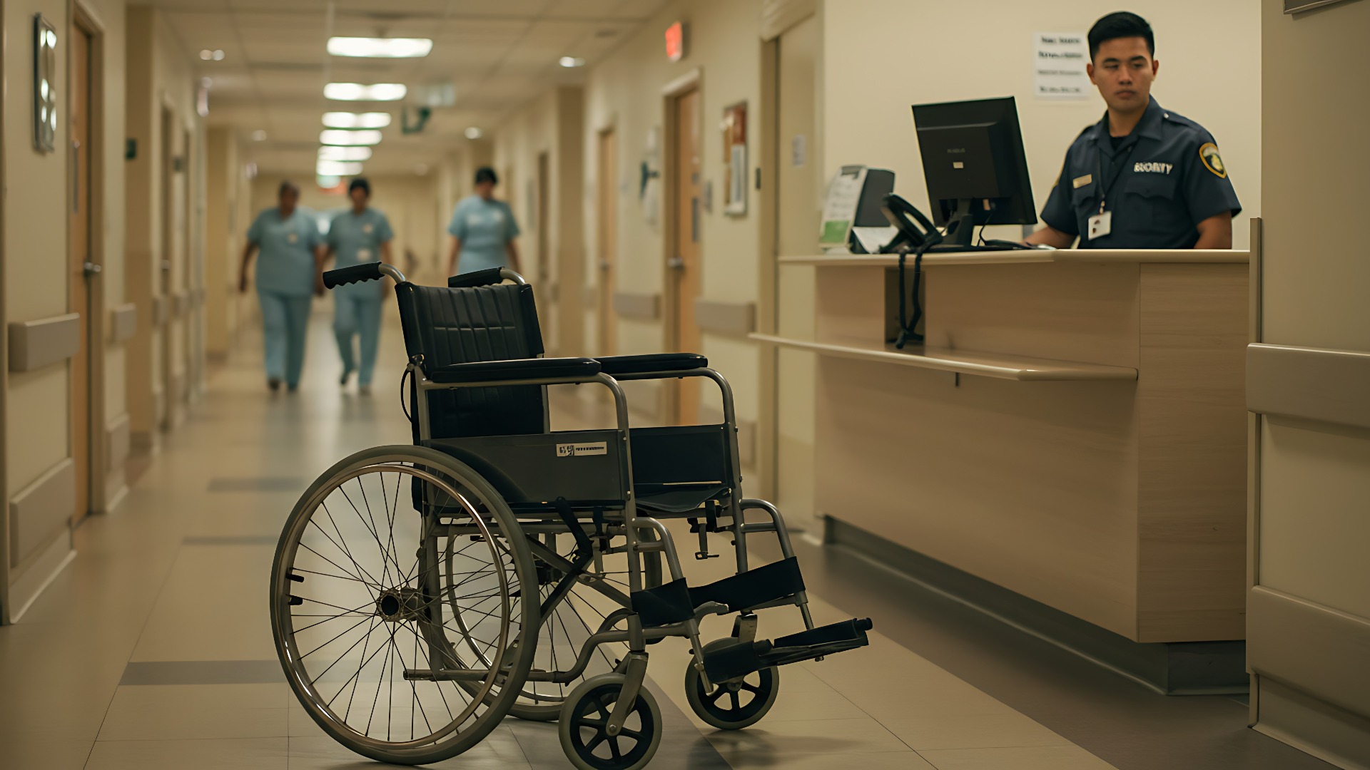 Ein leerer Rollstuhl steht im Flur des Krankenhauses, im Hintergrund sind Krankenschwestern zu sehen, ein Sicherheitsbeamter sitzt am Schreibtisch.