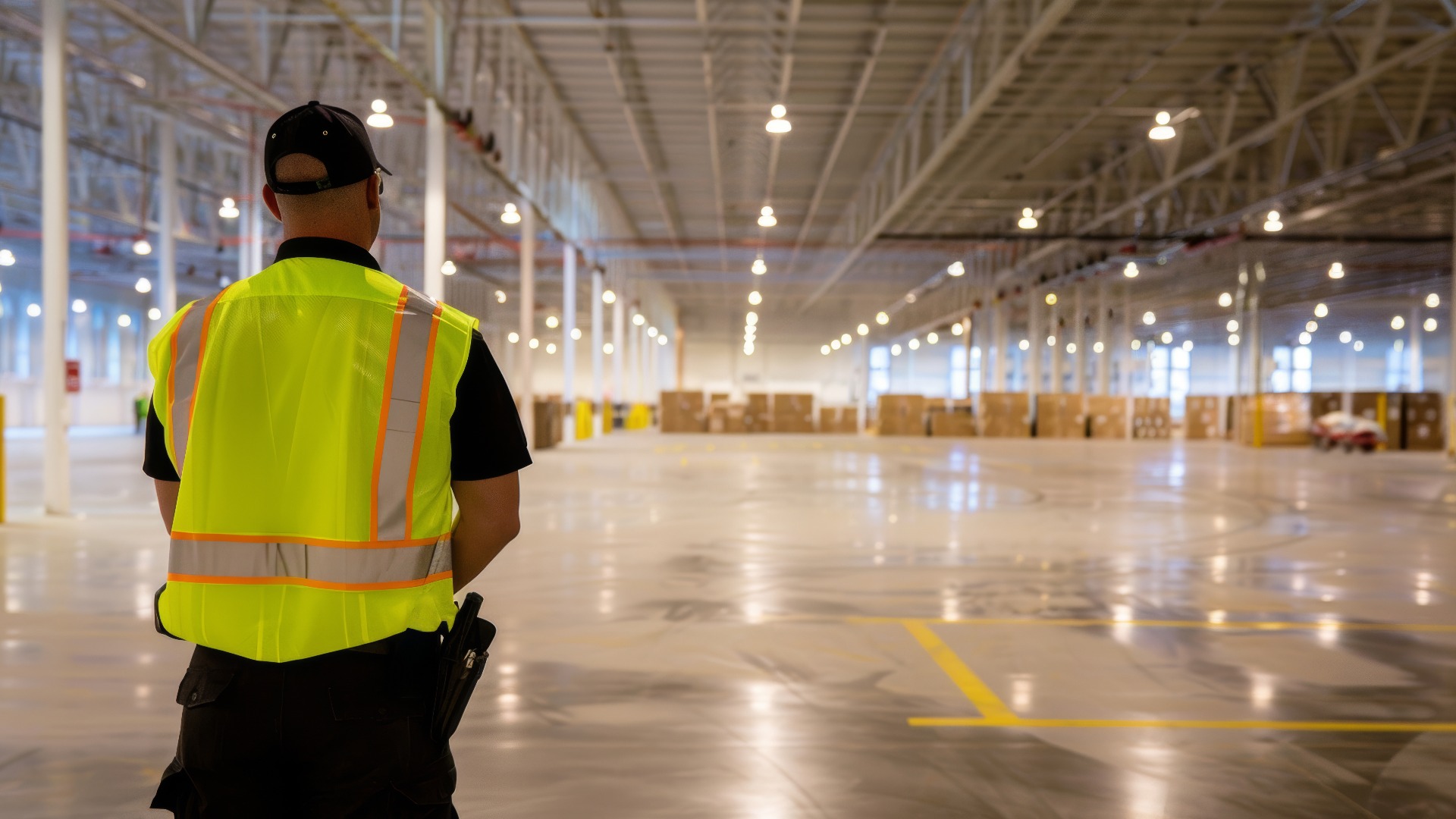 Ein Sicherheitsbeamter, der in einem leeren Lagerhaus patrouilliert