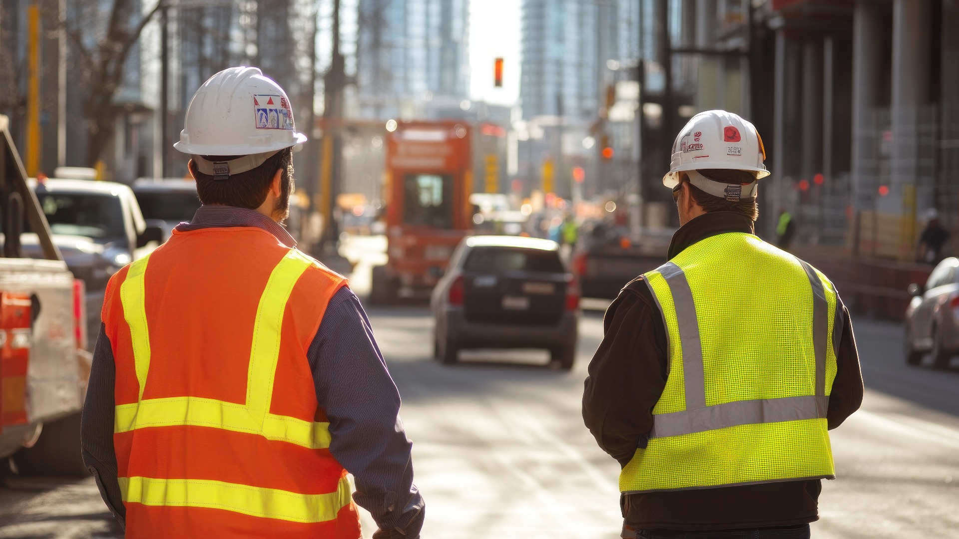 Erstellen Sie ein fotorealistisches Bild von Prüfern, die eine Sicherheitsprüfung des Verkehrsmanagements auf einer Baustelle durchführen, einschließlich Verkehrssteuerungsmaßnahmen und Überprüfung der Einhaltung der Beschilderung.