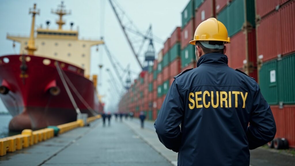 Foto eines Hafenwächters, der mit dem Rücken zur Kamera steht, großes Schiff im Hintergrund, Thema maritime Sicherheit.