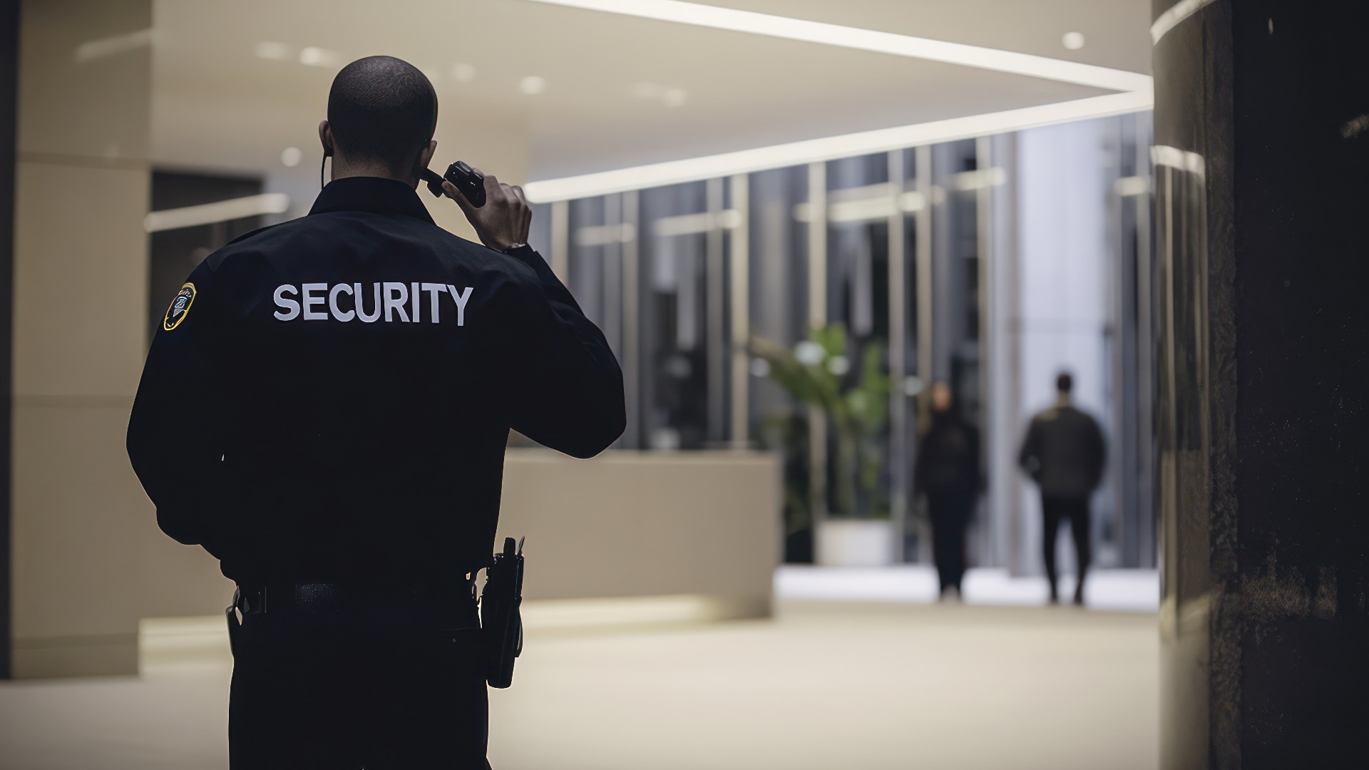 Männlicher Sicherheitsbeamter, der in der Lobby des Büros über Funk kommuniziert