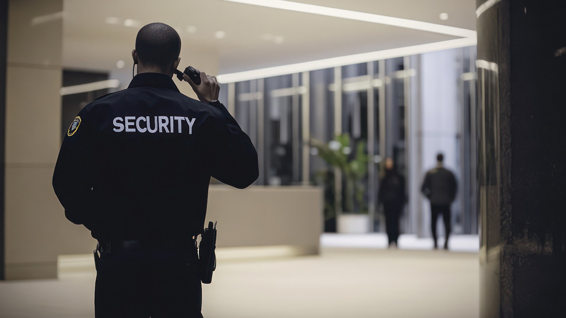 Männlicher Sicherheitsbeamter, der in der Lobby des Büros über Funk kommuniziert