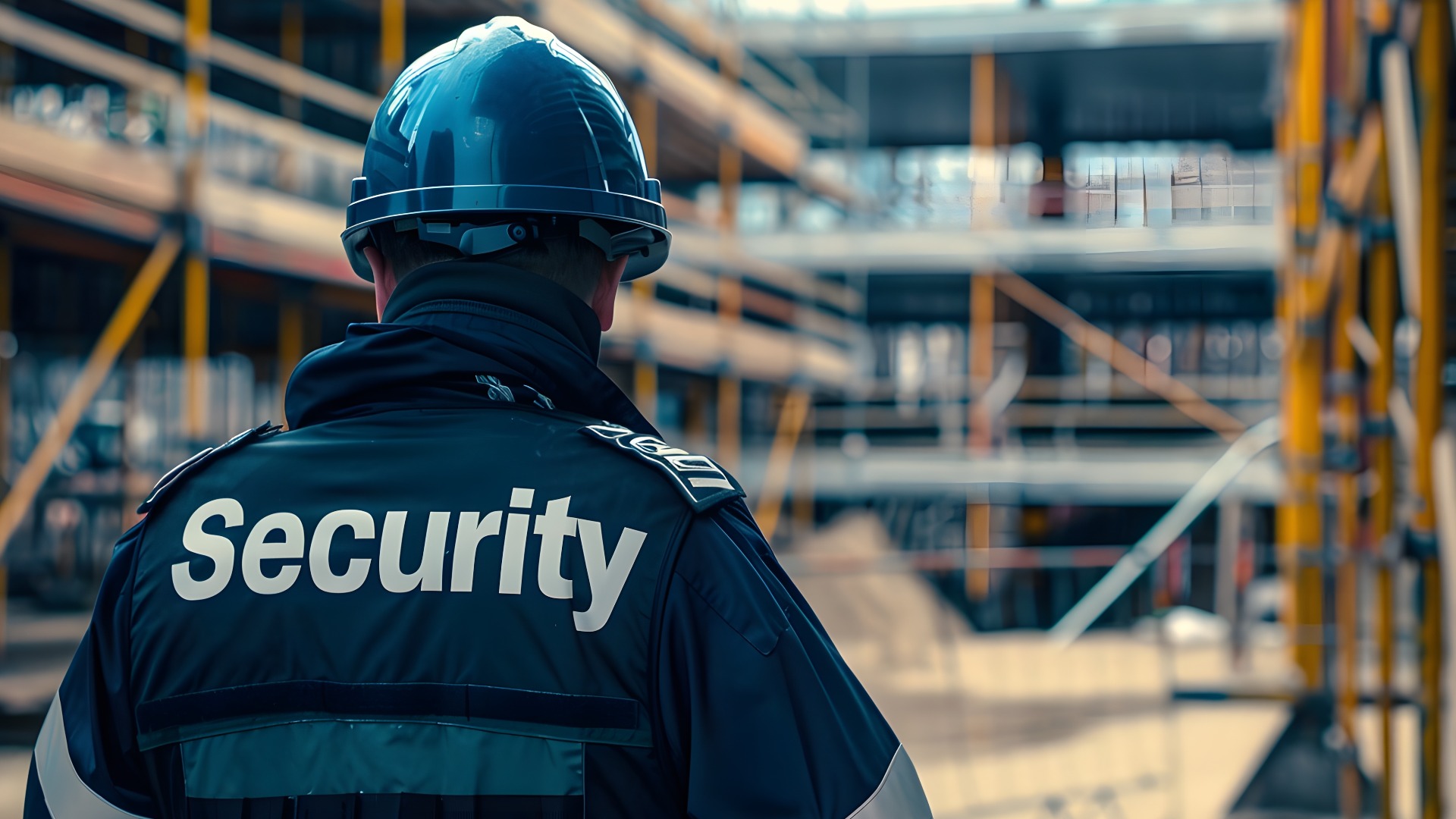 Nahaufnahme des Rückens eines Sicherheitsbeamten mit der Aufschrift „Security“, der vor einer Baustelle steht, um die Sicherheit auf Baustellen zu betonen.