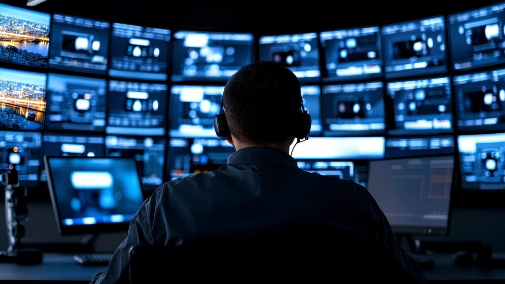 Sicherheitsanalyst in einem abgedunkelten Kontrollraum überwacht eine Wand mit Überwachungsbildschirmen.