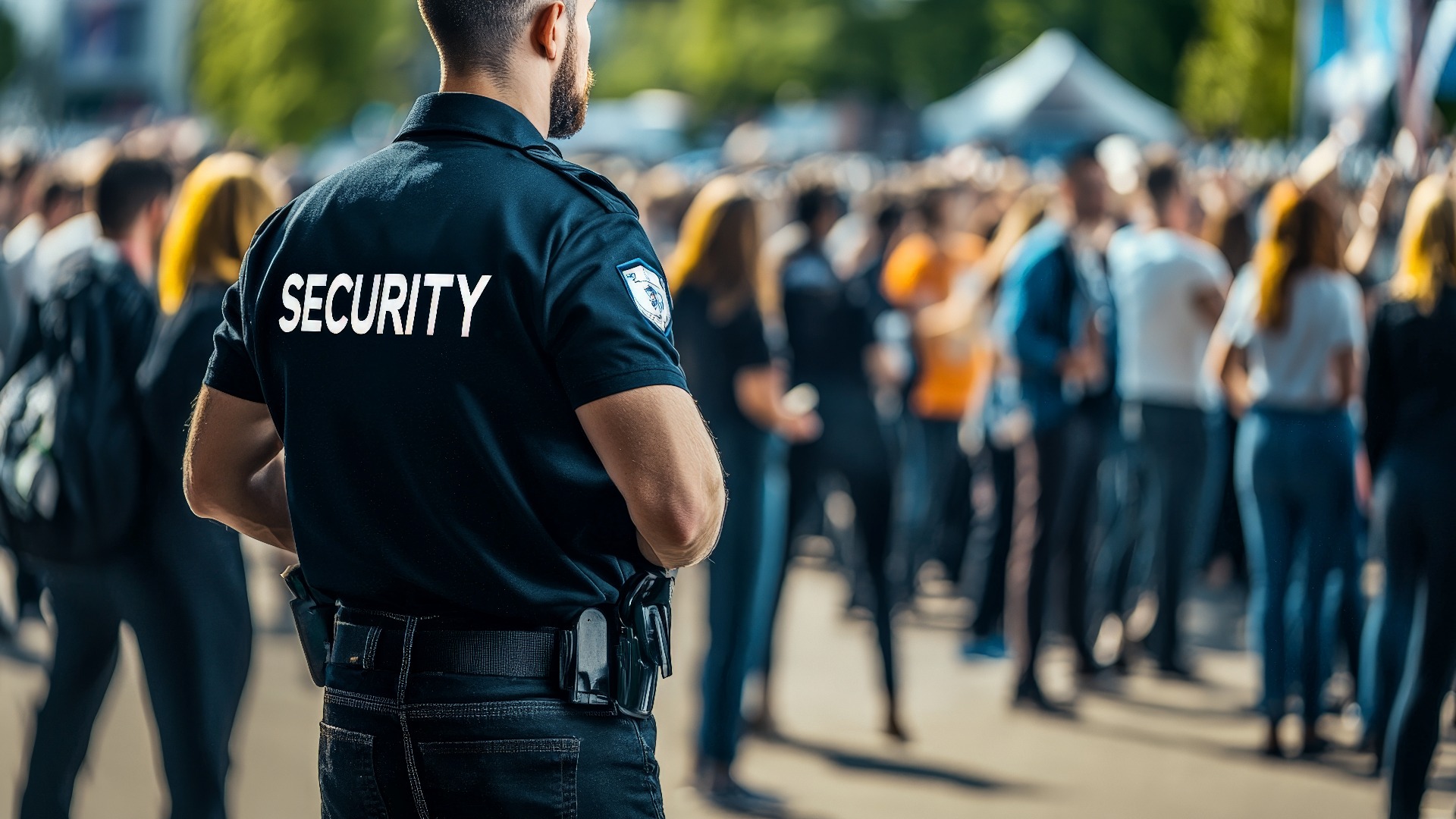 Sicherheitspersonal, das die Sicherheit bei einer öffentlichen Veranstaltung mit einer Menschenmenge im Hintergrund gewährleistet