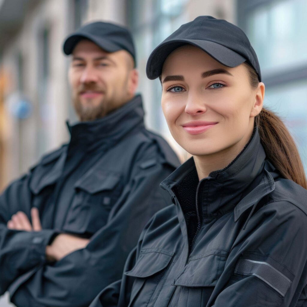 Zwei Personen in dunkler Sicherheitsuniform und Kappe; im Vordergrund eine lächelnde Frau.