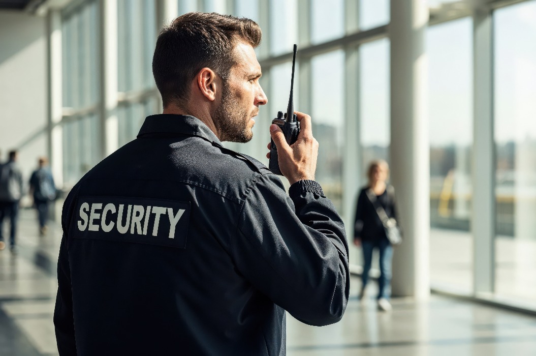 Ein Sicherheitsbeamter benutzt während seines Rundgangs in einem modernen Gebäude ein Walkie-Talkie