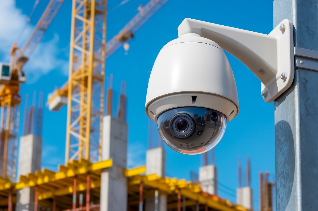 Modernen weiße Überwachungskamera, die an einem Metallmast vor einer Baustelle angebracht ist.