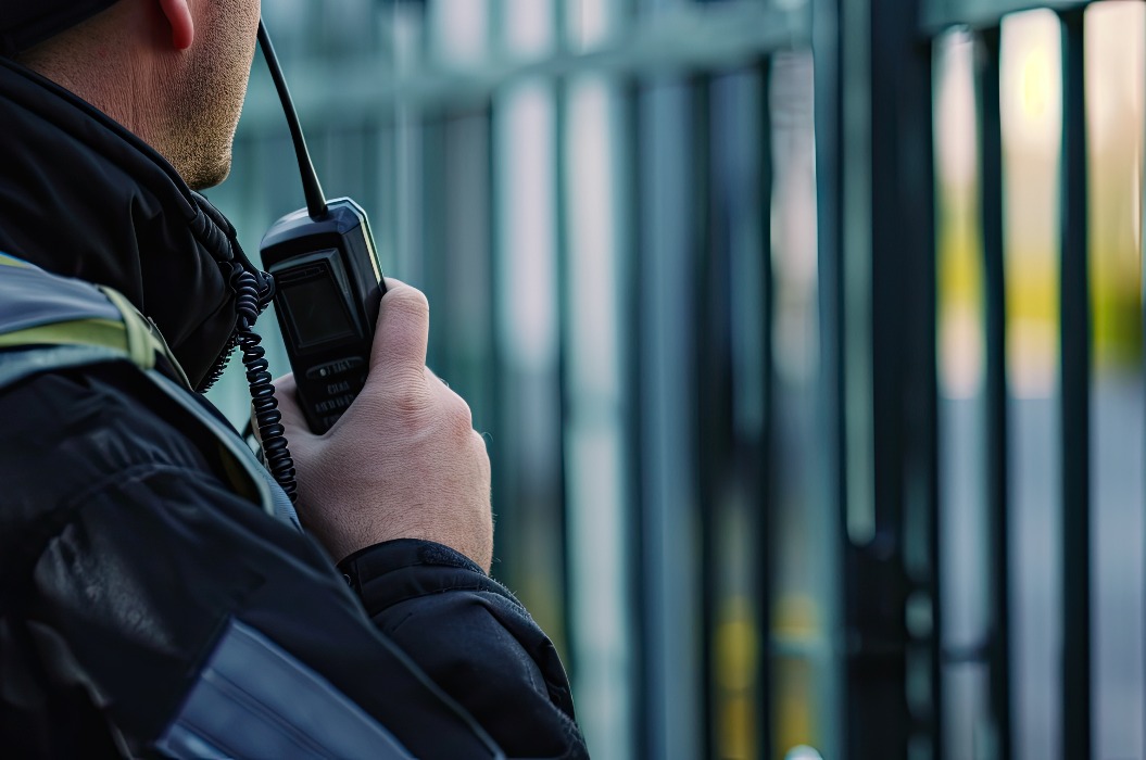 Nahaufnahme eines aufmerksamen Sicherheitsbeamten mit einem Walkie-Talkie