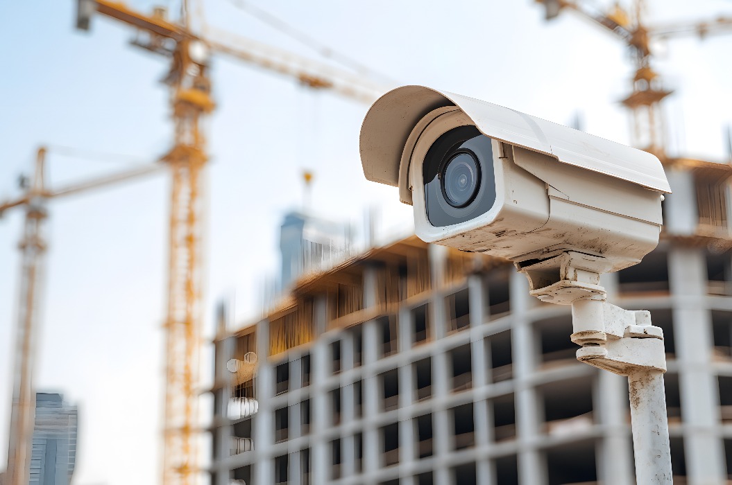 Überwachung der Baustelle durch Überwachungskameras. Gewährleistung der Sicherheit, Verhinderung von Diebstahl und Kontrolle von Bauprojekten.